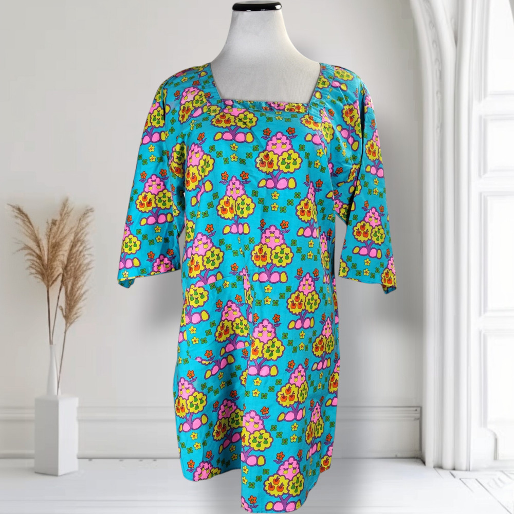 Vintage 60s Design House Japan Smock Apron Top Blue Fruit Trees Mod Print Top